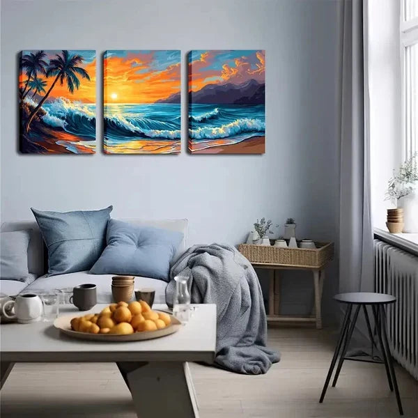 3pcs Coastal Landscape with Palm Trees & Ocean , Wall Art Set Canvas Framed 60X90cm - High Quality Print 100% Australian Made Wall Canvas Ready to Hang