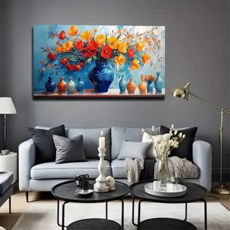Vibrant Blue Vase Red Tulips Wall Art Canvas Office Home Room Framed 120x60cm