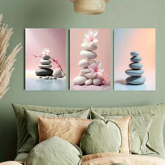 3pcs Zen Stone with Pink Sakura Metal Print Ready to Hang Art