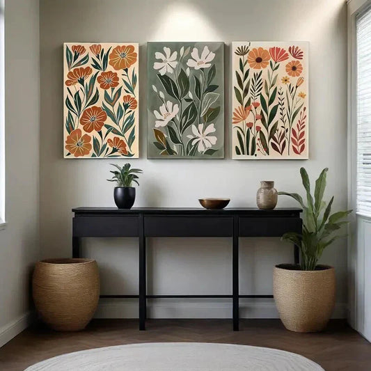 3pcs   Abstract Bohemian Flower Oil Painting  Metal Print Ready to Hang Art