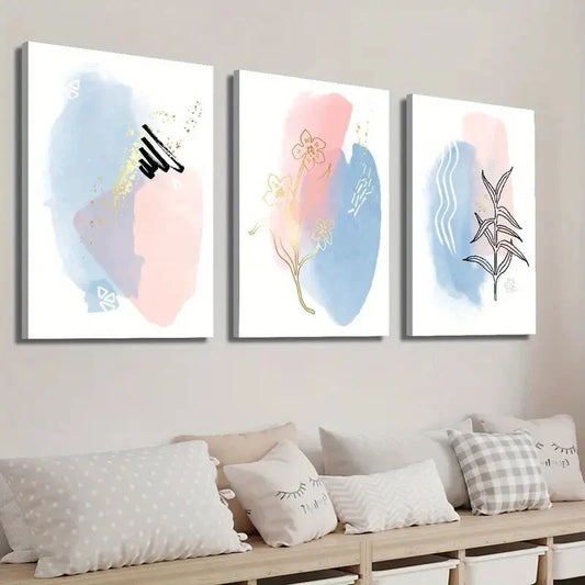 3pcs Blue and Pink Simple Line Botanical Floral Wall Art Set Canvas Framed 40x60cm - High Quality Print 100% Australian Made Wall Canvas Ready to Hang
