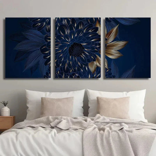 3pcs Abstract Blue And Golden Plant Flowers Metal Print Ready to Hang Art