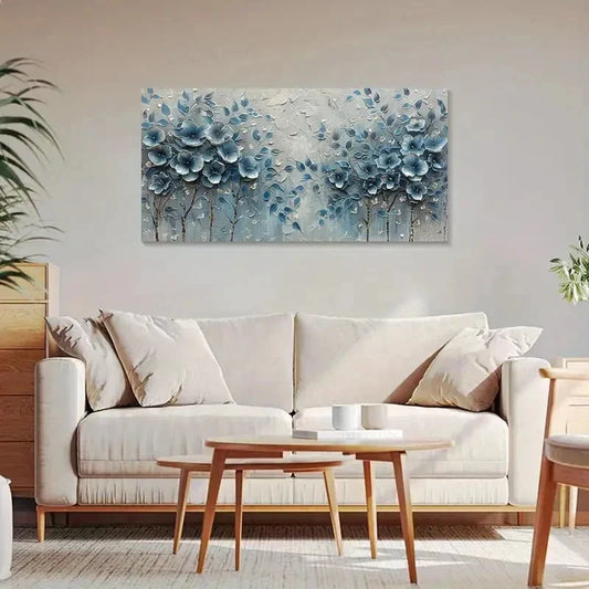 Nordic Abstract Floral Blue Wall Art Canvas Office Home Room Framed 80x45cm