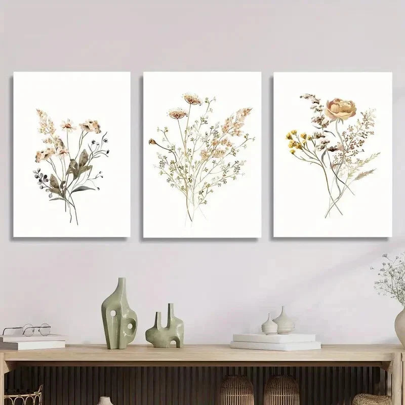 3pcs Wildflower Bouquets in Golden &amp; Black Ink Metal Print Ready to Hang Art
