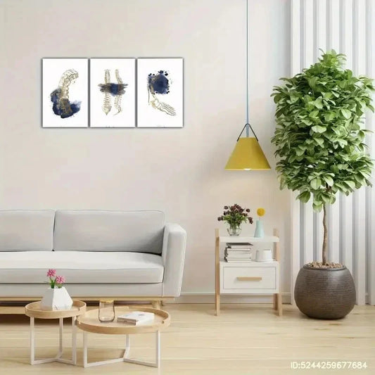 3pcs Golden Skeleton Designs with Navy Blue AccentsMetal Print Ready to Hang Art