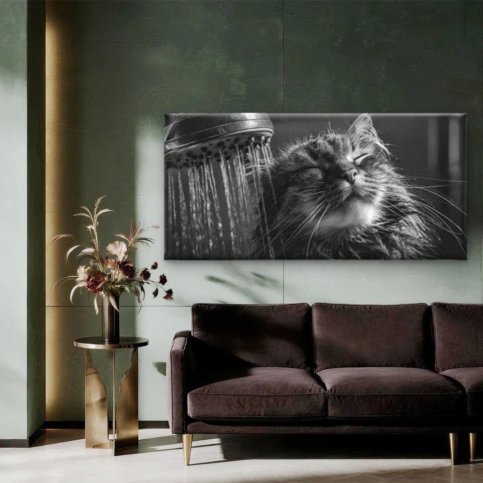 Bathing Tabby Cat Wall Art Canvas Office Home Room Framed 80x45cm