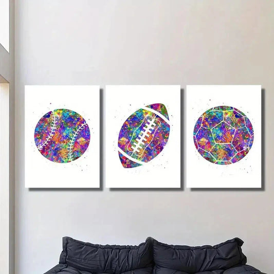 3pcs   Watercolor Rainbow Football Art Metal Print Ready to Hang Art