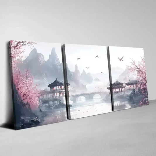 3pcs Traditional Chinese Landscape with Pagoda Wall Art Set Canvas Framed 40x60cm - High Quality Print 100% Australian Made Wall Canvas Ready to Hang