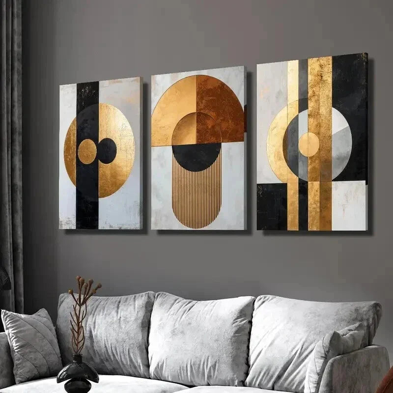 3pcs Golden Black Geometric Marble Texture Wall Art Set Canvas Framed 40x60cm - High Quality Print 100% Australian Made Wall Canvas Ready to Hang