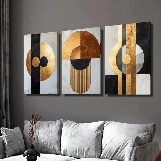 3pcs Golden Black Geometric Marble Texture Wall Art Set Canvas Framed 40x60cm - High Quality Print 100% Australian Made Wall Canvas Ready to Hang