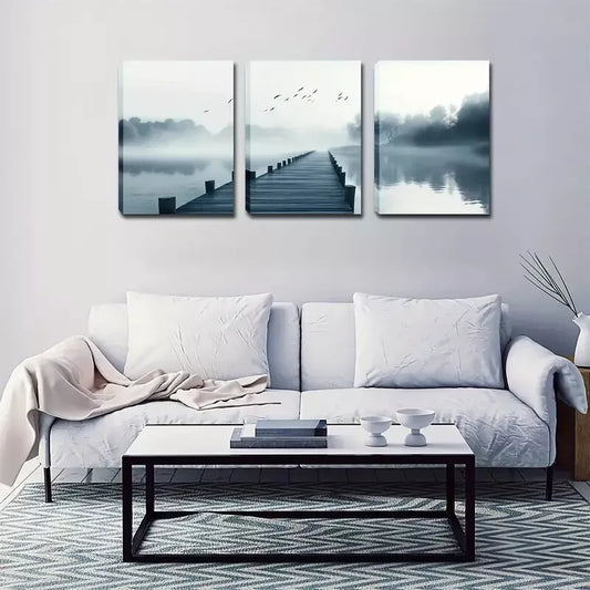 3pcs Serene Misty River Scene with Birds Wall Art Set Canvas Framed 40x60cm - High Quality Print 100% Australian Made Wall Canvas Ready to Hang
