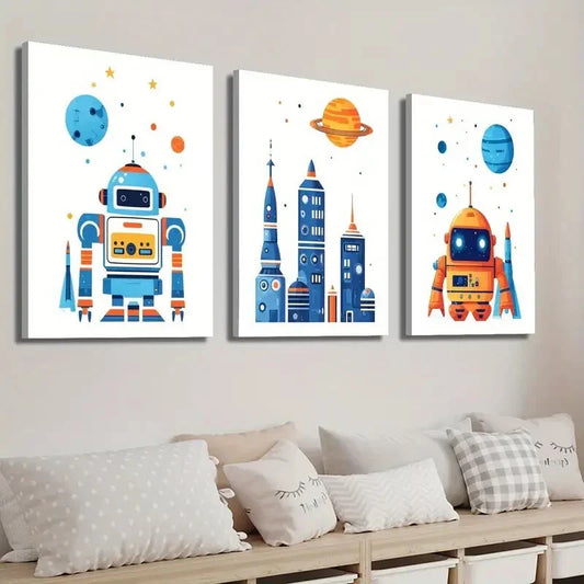 3pcs Cartoon Space Theme Wall Art Set Canvas Framed 40x60cm - High Quality Print 100% Australian Made Wall Canvas Ready to Hang