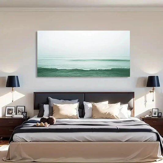 Tranquil Foggy Seascape Green Wall Art Canvas Office Home Room Framed 120x60cm