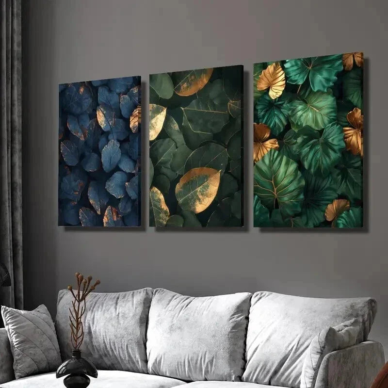 3pcs Jungle & Green Leaves with Golden Accents Wall Art Set Canvas Framed 40x60cm - High Quality Print 100% Australian Made Wall Canvas Ready to Hang