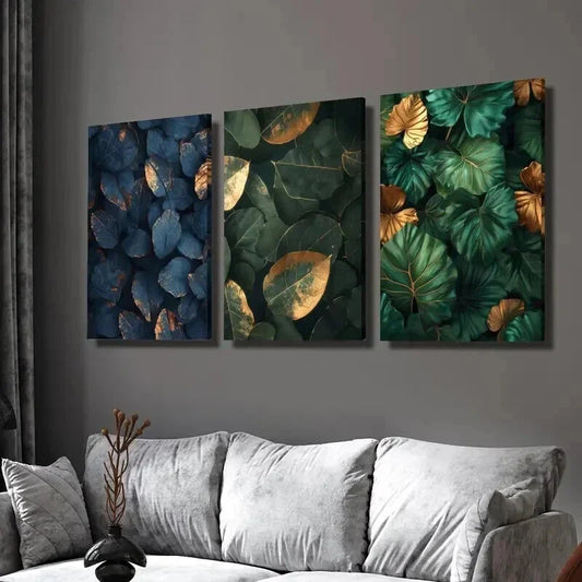 3pcs Jungle & Green Leaves with Golden Accents Wall Art Set Canvas Framed 40x60cm - High Quality Print 100% Australian Made Wall Canvas Ready to Hang