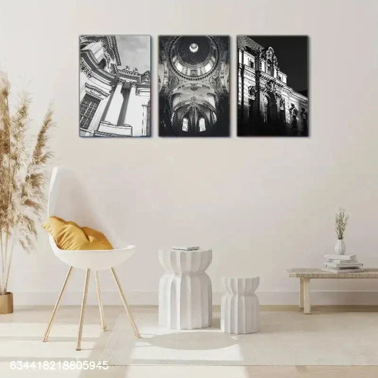 3pcs A black and white Building, Metal Print Ready to Hang Art