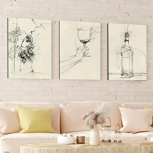 3pcs Vineyard Style Bottle Vintage Abstract Wall Art Set Canvas Framed 40x60cm - High Quality Print 100% Australian Made Wall Canvas Ready to Hang