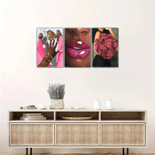3pcs Elegant Female Portraits & Pink Rose Bouquet Metal Print Ready to Hang Art