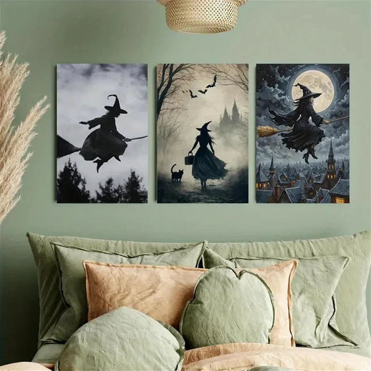 3pcs Misty Forest Cat and Castle, Mysterious Witch Metal Print Ready to Hang Art