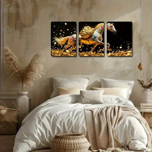 3pcs Walking Horse in Golden Coins Abstract Wall Art Set Canvas Framed 40x60cm - High Quality Print 100% Australian Made Wall Canvas Ready to Hang