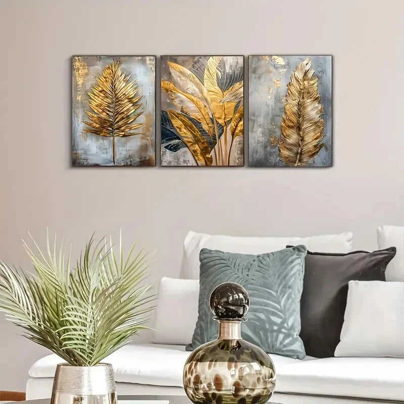 3pcs  Golden Leaf & Feather  Wall Art Set Canvas Framed 40x60cm - High Quality Print 100% Australian Made Wall Canvas Ready to Hang
