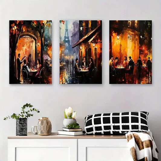 3pcs Romantic Night Cityscape Dining Scenes Metal Print Ready to Hang Art