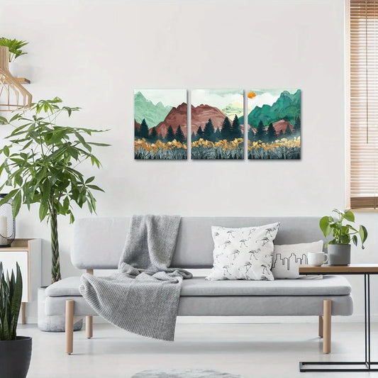 3pcs Sunset Forest Trees & Mountains Metal Print Ready to Hang Art