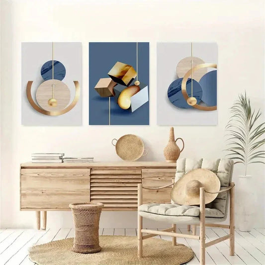 3pcs Blue & Gold Shapes Abstract Modern Metal Print Ready to Hang Art