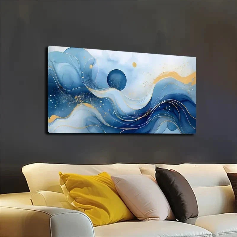 Painting with Blue & Golden Wall Art canvas office home room framed 120x60cm