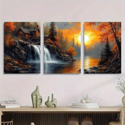 3pcs Nature Forest Scene Sun Birds and Trees Metal Print Ready to Hang Art