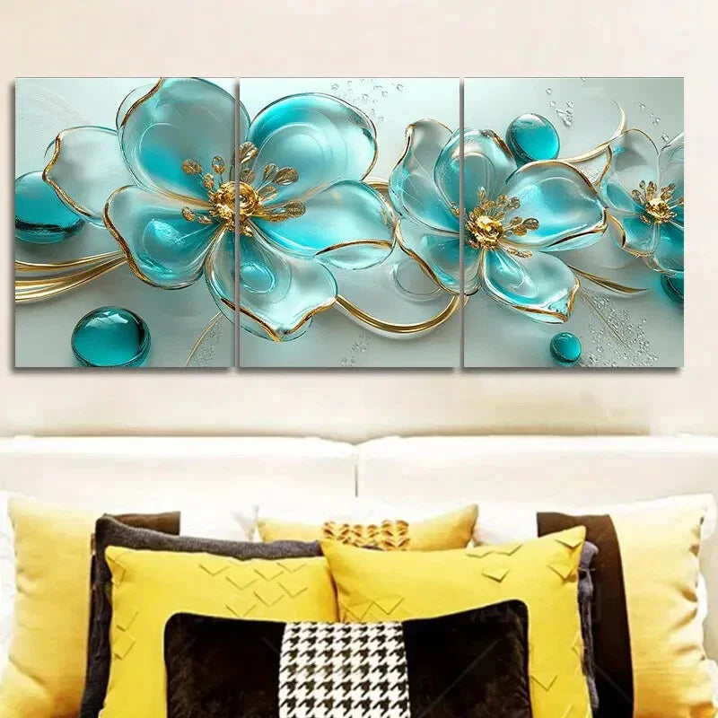 3pcs  Turquoise glass flowers  Metal Print Ready to Hang Art