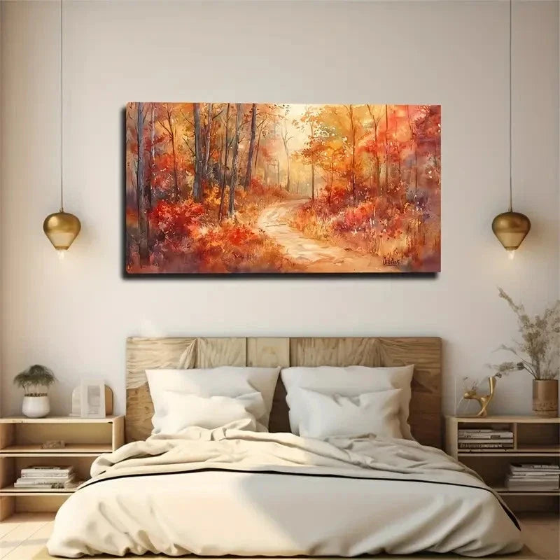 Autumn Woods Red Leaves Wall Art Canvas Office Home Room Framed 120x60cm
