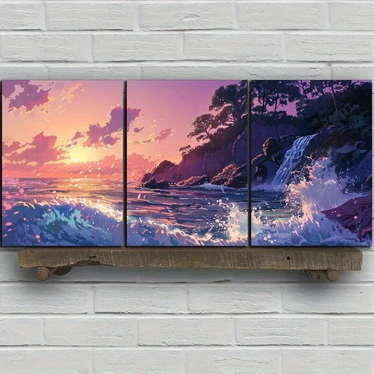 3pcs Sunset Waterfall Sunset Clouds Metal Print Ready to Hang Art