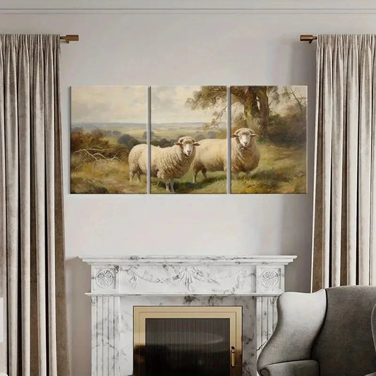 3pcs Two Sheep in Meadow Scene Metal Print Ready to Hang Art