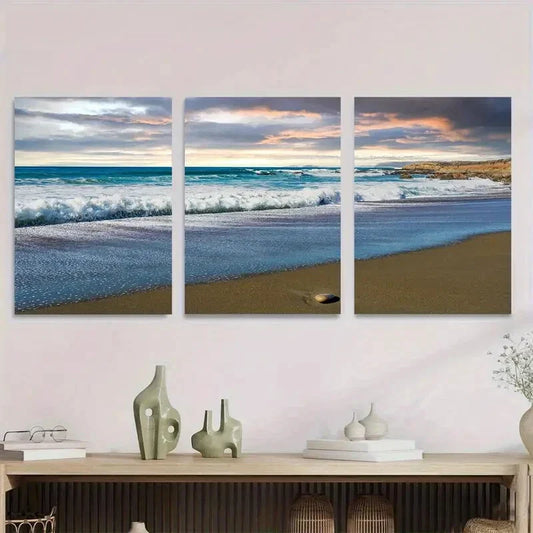 3pcs Beach Sunset Triptych Modern Coastal Metal Print Ready to Hang Art