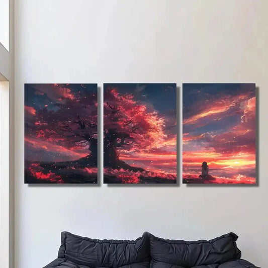 3pcs ,Anime Girl Beneath a Cherry Blossom Tree Metal Print Ready to Hang Art