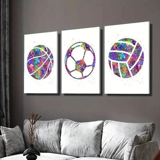 3pcs Colorful Basketball Volleyball & Soccer Wall Art Set Canvas Framed 40x60cm - High Quality Print 100% Australian Made Wall Canvas Ready to Hang