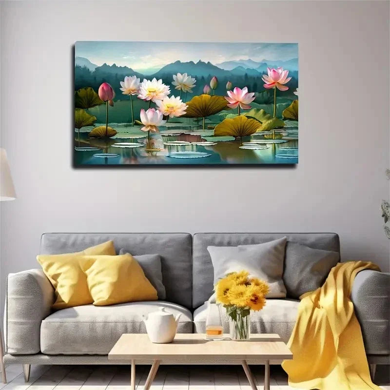 Vibrant Lotus Flower Wall Art Canvas Office Home Room Framed 80x45cm