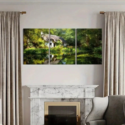 3pcs Serene Cottage & Lush Greenery Scenery Metal Print Ready to Hang Art