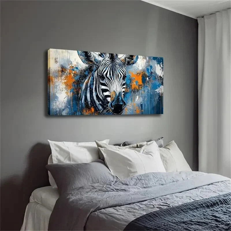 Blue And Orange Zebras Abstract Wall Art Canvas Office Home Room Framed 80x45cm