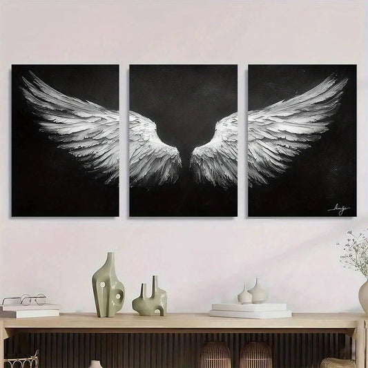 3pcs Elegant Black and White Feathered Wings Metal Print Ready to Hang Art