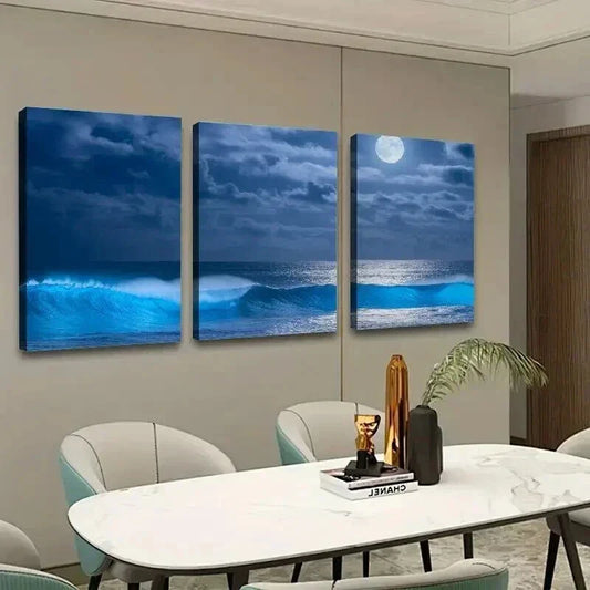 3pcs Glowing Ocean Waves & Moonlit Night Scene Wall Art Set Canvas Framed 40x60cm - High Quality Print 100% Australian Made Wall Canvas Ready to Hang