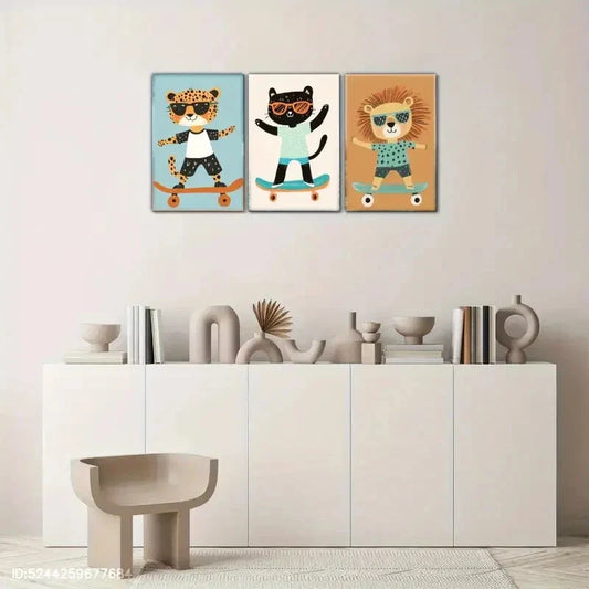 3pcs Animal Portrait art posters Cool Skateboard Metal Print Ready to Hang Art