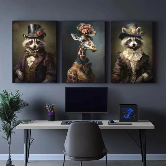 3pcs g Visual Language raccoon, giraffe, animal Metal Print Ready to Hang Art