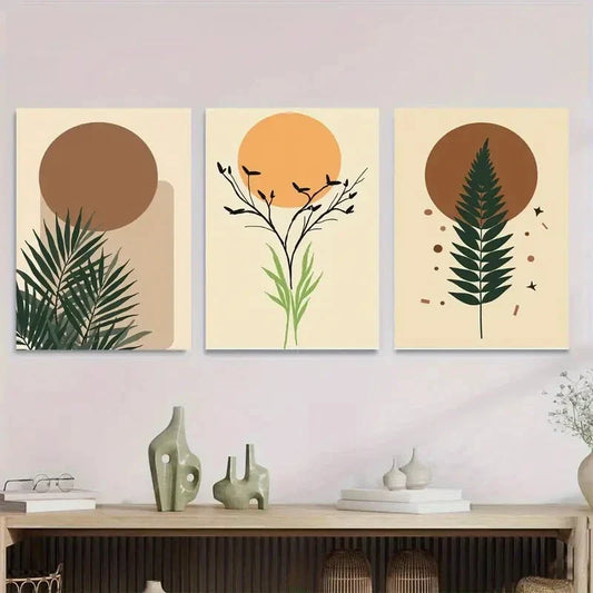 3pcs Modern Abstract Sunset, and Foliage Metal Print Ready to Hang Art
