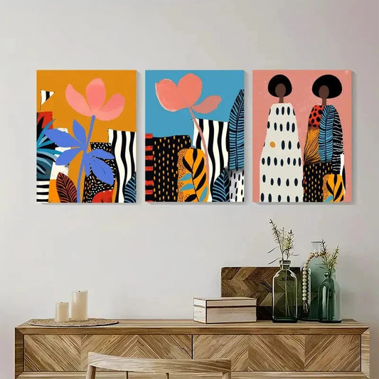 3pcs Boho Abstract Floral Bohemian African Metal Print Ready to Hang Art
