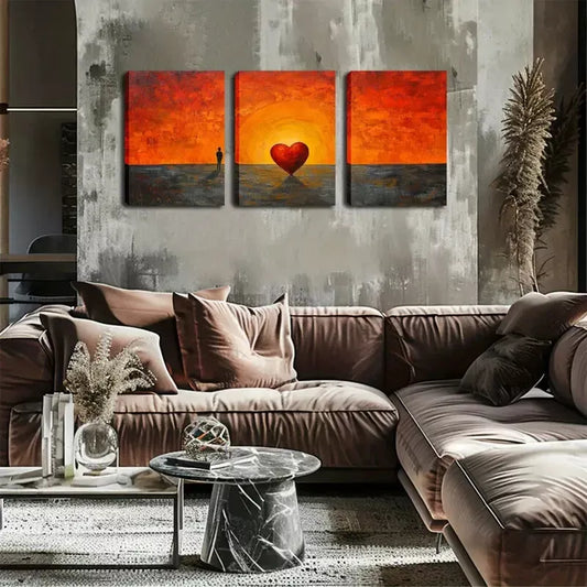 3pcs  Man and Red Heart Silhouette, Coastal Lands Wall Art Set Canvas Framed 40x60cm - High Quality Print 100% Australian Made Wall Canvas Ready to Hang
