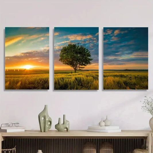3pcs Small trees in the field, sunset Metal Print Ready to Hang Art