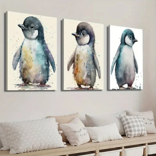 3pcs Colorful Cartoon Animal Penguin Decor Wall Art Set Canvas Framed 40x60cm - High Quality Print 100% Australian Made Wall Canvas Ready to Hang