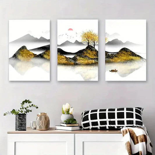 3pcs Mountain, River, and Tree Nature Scene Metal Print Ready to Hang Art
